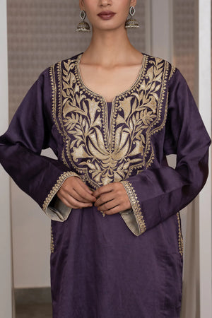 #Mauve - linen satin Kashmiri suit with puff tilla gold embroidered yoke; dense floral vine and lotus motifs on kurta front.