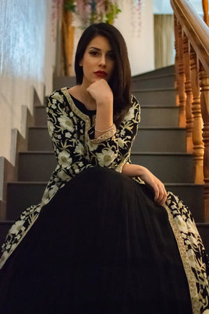 Black Jacket Style Flared Dress with Fusion Embroidery