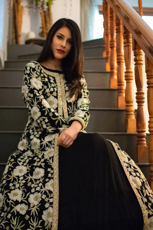 Black Jacket Style Flared Dress with Fusion Embroidery