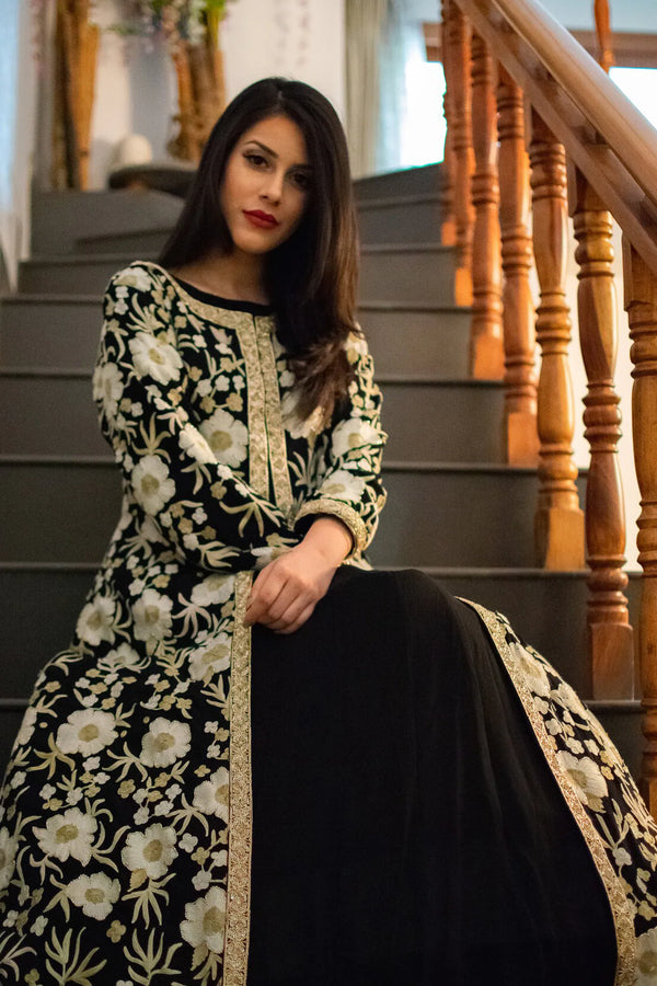 Black Jacket Style Flared Dress with Fusion Embroidery