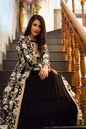 Black Jacket Style Flared Dress with Fusion Embroidery
