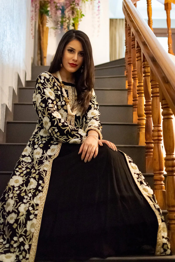 Black Jacket Style Flared Dress with Fusion Embroidery