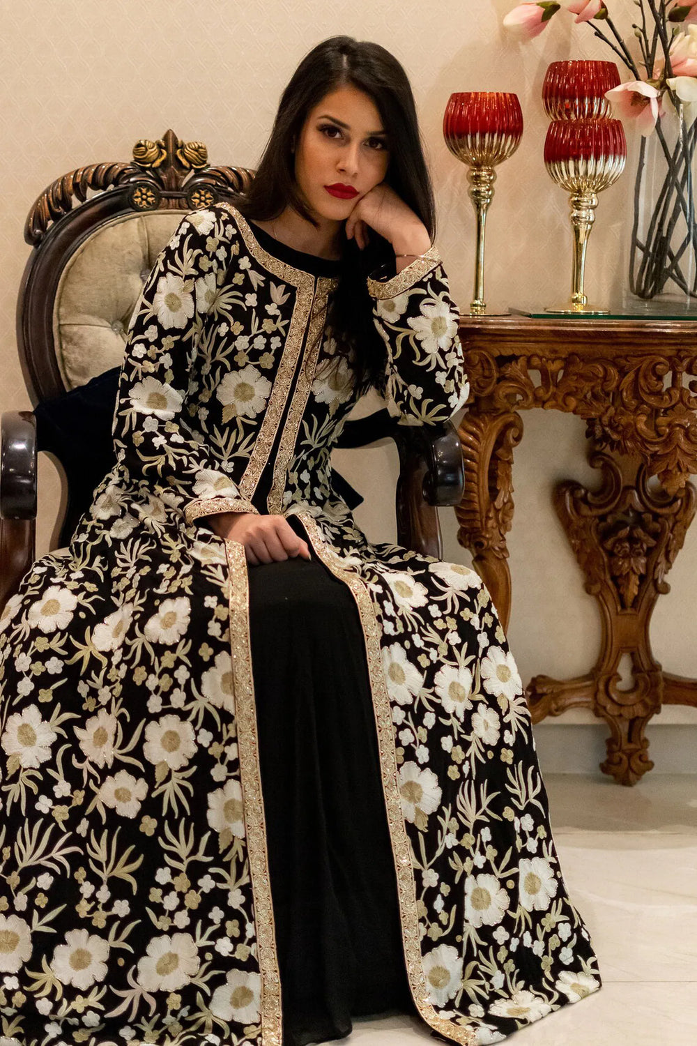 Black Jacket Style Flared Dress with Fusion Embroidery