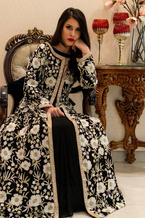Black Jacket Style Flared Dress with Fusion Embroidery