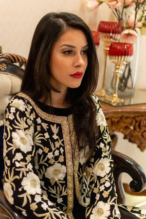 Black Jacket Style Flared Dress with Fusion Embroidery