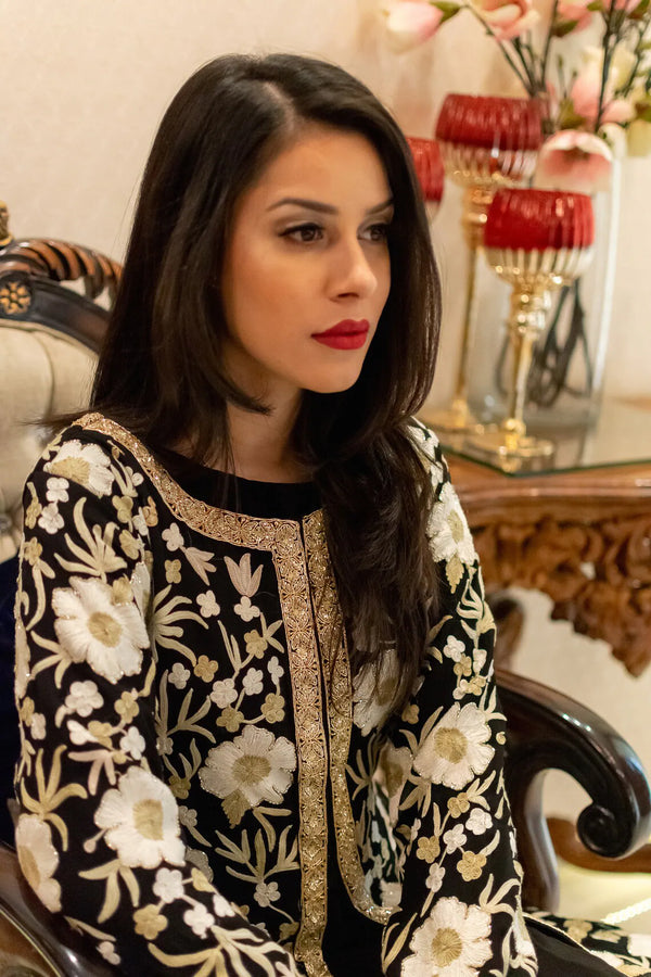 Black Jacket Style Flared Dress with Fusion Embroidery