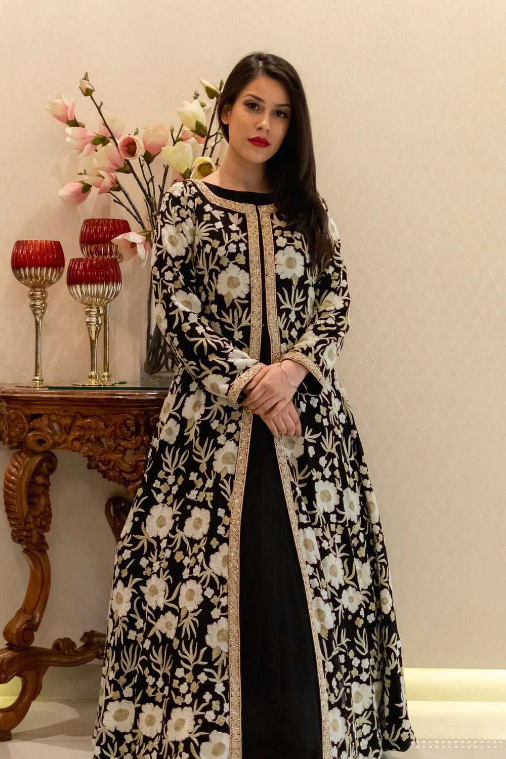 Black Jacket Style Flared Dress with Fusion Embroidery
