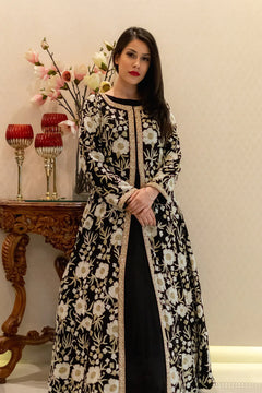 Black Jacket Style Flared Dress with Fusion Embroidery