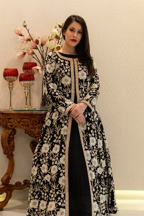 Black Jacket Style Flared Dress with Fusion Embroidery