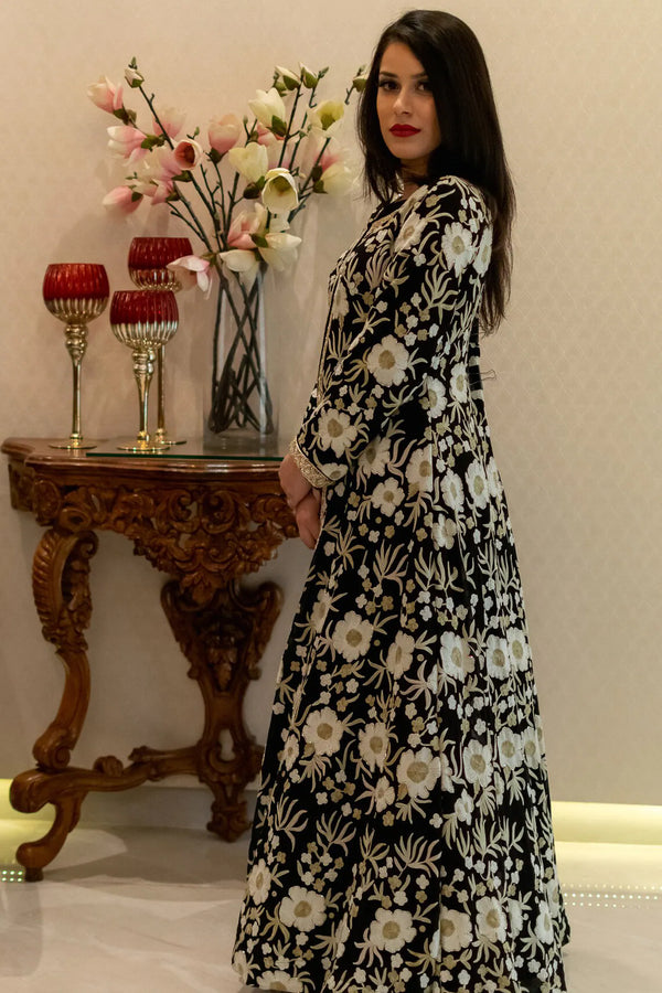 Black Jacket Style Flared Dress with Fusion Embroidery