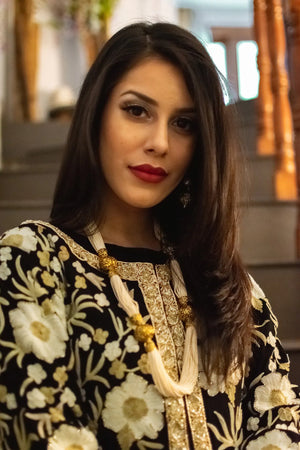 Black Jacket Style Flared Dress with Fusion Embroidery