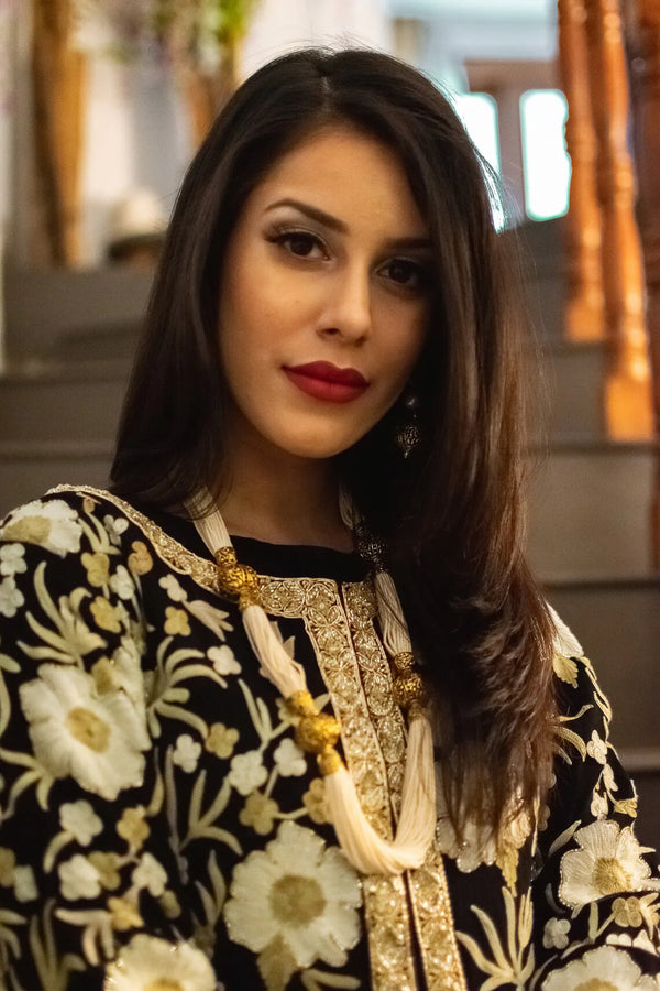 Black Jacket Style Flared Dress with Fusion Embroidery