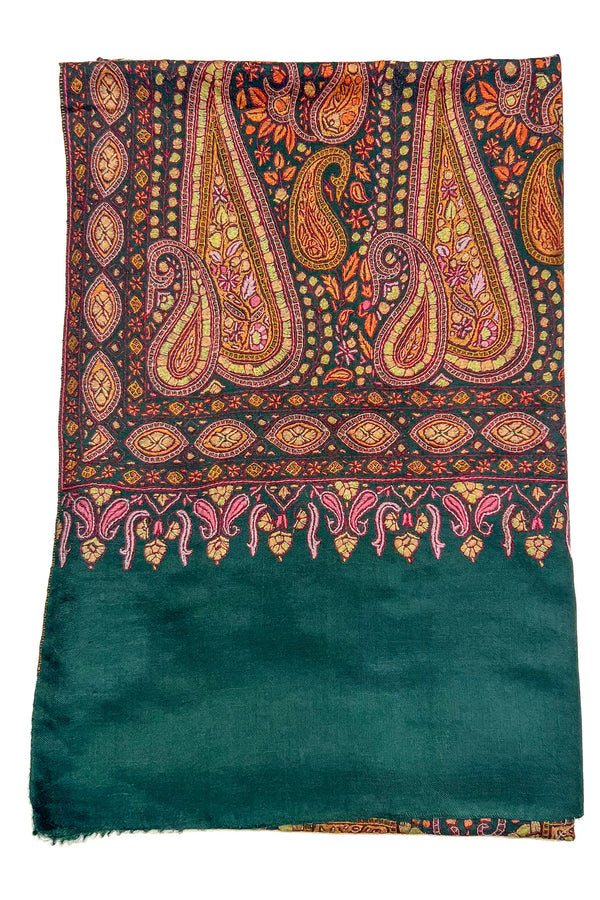 Bottle Green Pure Pashmina Shawl with All Over Sozni Hand Embroidery