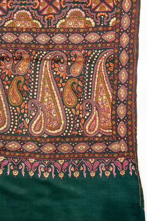 Bottle Green Pure Pashmina Shawl with All Over Sozni Hand Embroidery