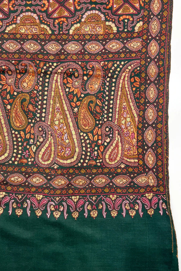 Bottle Green Pure Pashmina Shawl with All Over Sozni Hand Embroidery