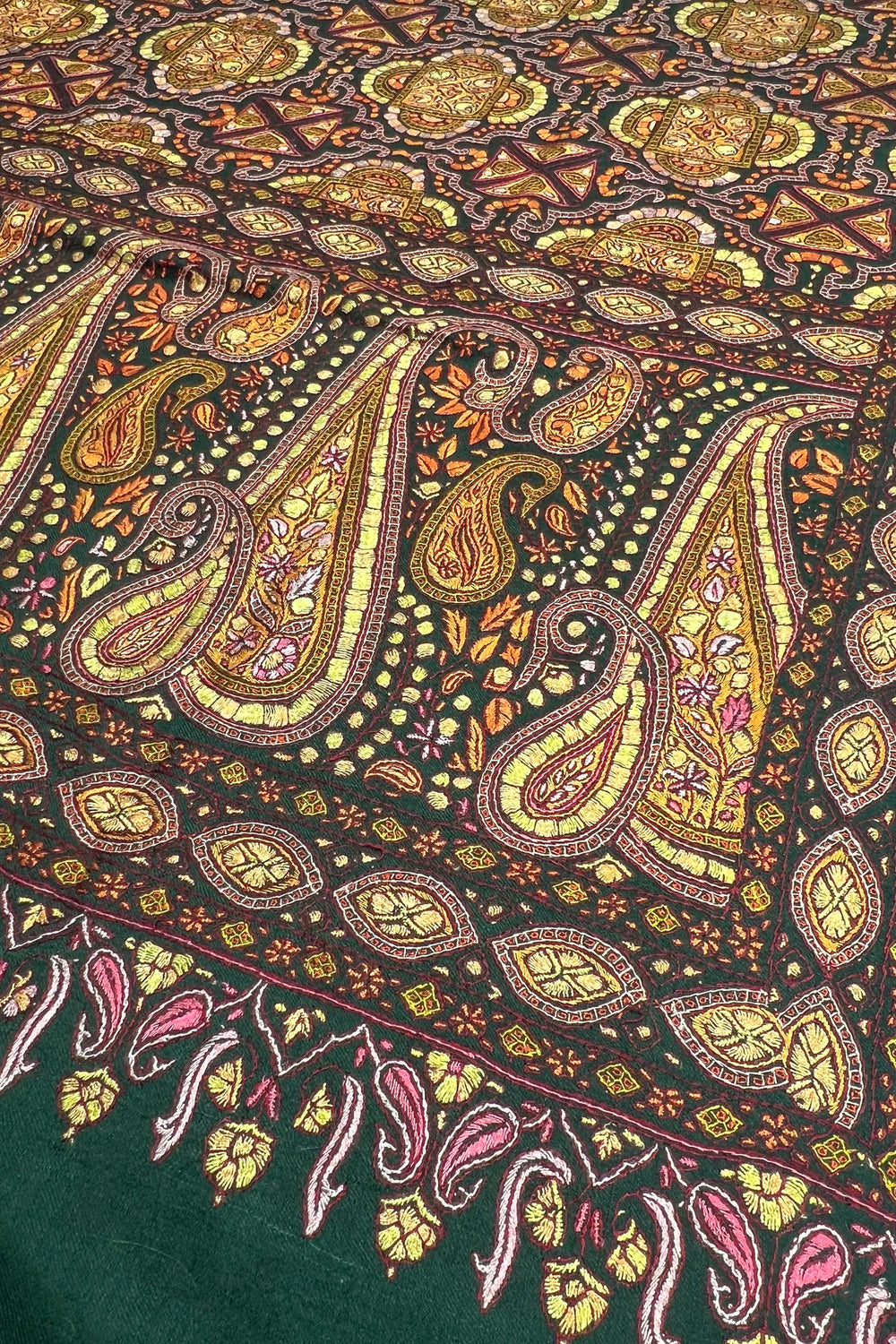 Bottle Green Pure Pashmina Shawl with All Over Sozni Hand Embroidery