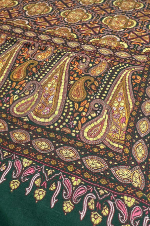 Bottle Green Pure Pashmina Shawl with All Over Sozni Hand Embroidery