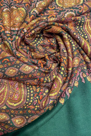 Bottle Green Pure Pashmina Shawl with All Over Sozni Hand Embroidery