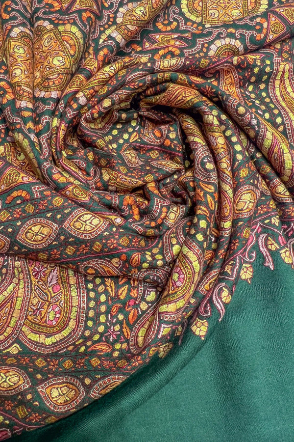 Bottle Green Pure Pashmina Shawl with All Over Sozni Hand Embroidery