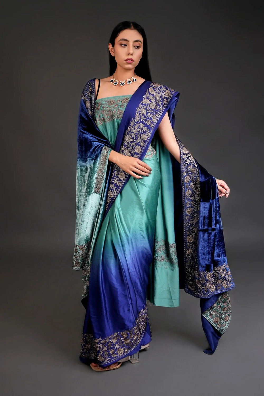 Ombre Blue & Green Gloss Velvet  Tilla Thread Work Cape Shawl