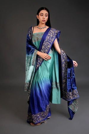 Ombre Blue & Green Gloss Velvet  Tilla Thread Work Cape Shawl