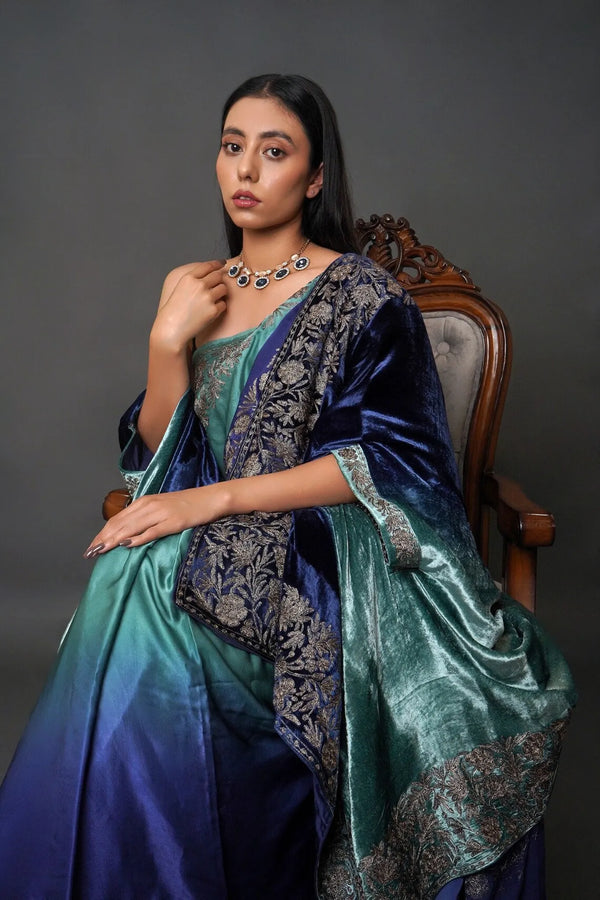 Ombre Blue & Green Gloss Velvet  Tilla Thread Work Cape Shawl