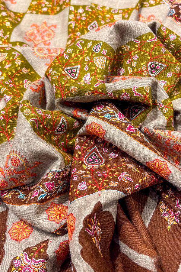 Close-up of patterned fabric with floral and geometric designs in green, orange, and brown.