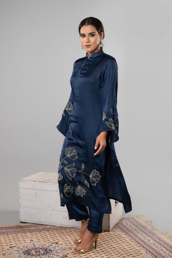 Gold & Silver Tilla Work Cotton Satin Kurti