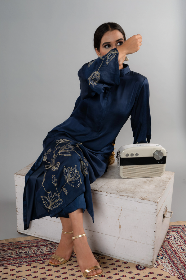 Gold & Silver Tilla Work Cotton Satin Kurti