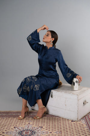 Gold & Silver Tilla Work Cotton Satin Kurti