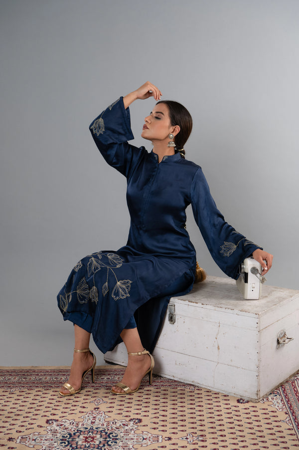 Gold & Silver Tilla Work Cotton Satin Kurti