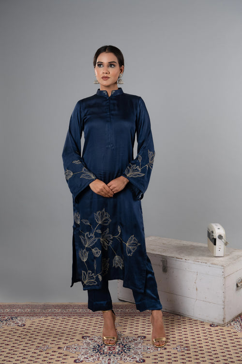 Gold & Silver Tilla Work Cotton Satin Kurti