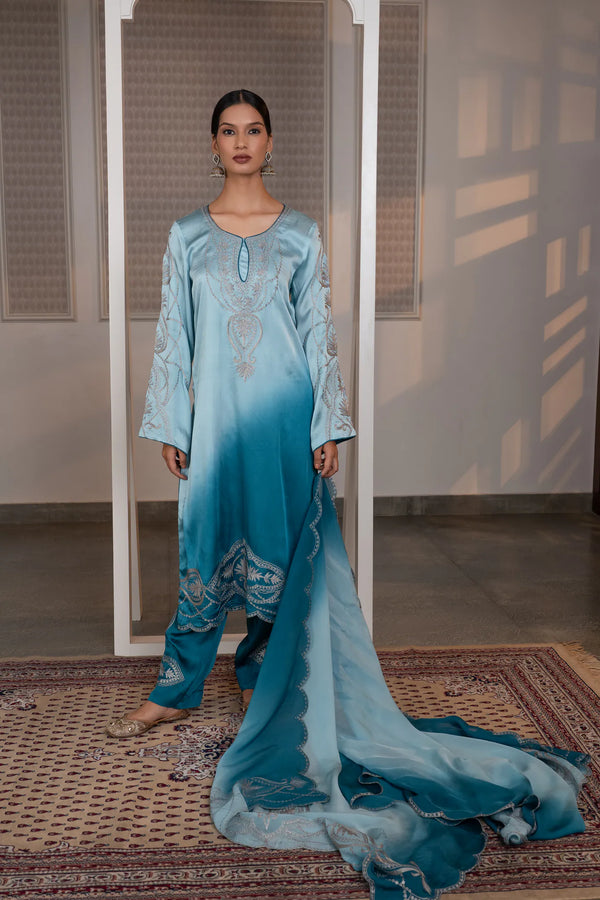#OmbreSky&PeacockBlue - Full-length front view of ombre sky-peacock suit with long organza dupatta with scalloped silver zari border trailing to floor
