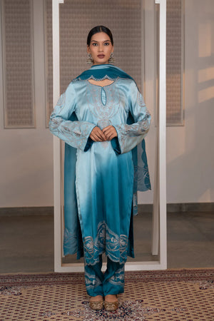 #OmbreSky&PeacockBlue - Full front view of ombre sky-to-peacock-blue suit set with silver zari neckline embroidery and dupatta draped at front