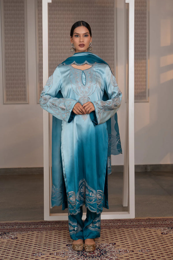 #OmbreSky&PeacockBlue - Full front view of ombre sky-to-peacock-blue suit set with silver zari neckline embroidery and dupatta draped at front