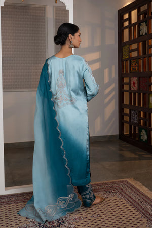 #OmbreSky&PeacockBlue - Back view of ombre sky-to-peacock-blue cotton satin kurta with silver zari back medallion and embroidered dupatta border visible