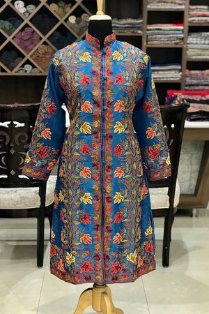 Ferozi Kashmiri Coat With China Vine Pattern Embroidery