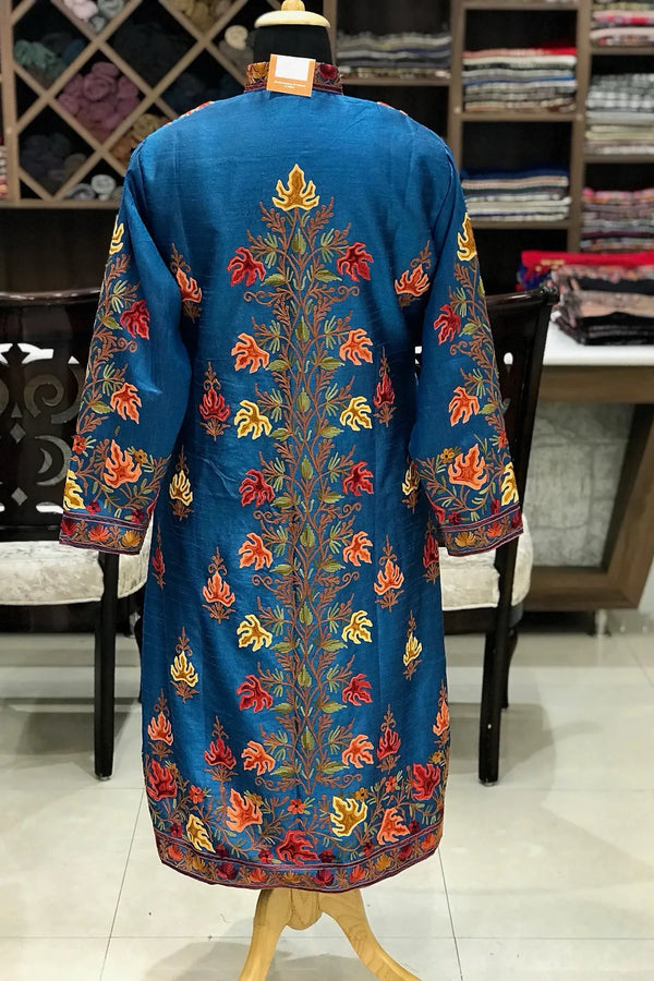 Ferozi Kashmiri Coat With China Vine Pattern Embroidery