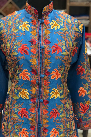 Ferozi Kashmiri Coat With China Vine Pattern Embroidery