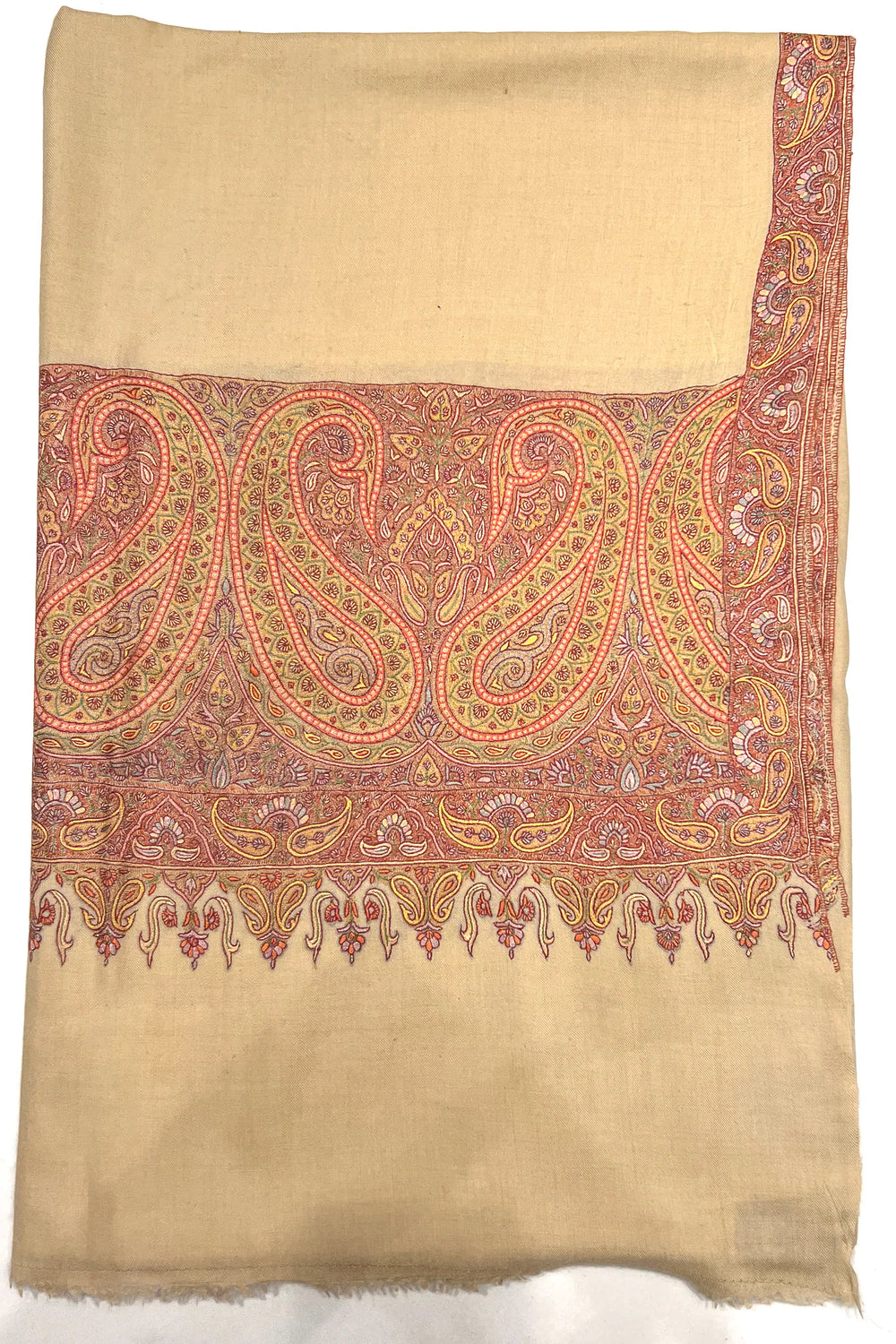 Beige shawl with intricate paisley patterns on a white background