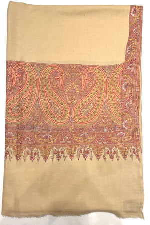 Beige shawl with intricate paisley patterns on a white background