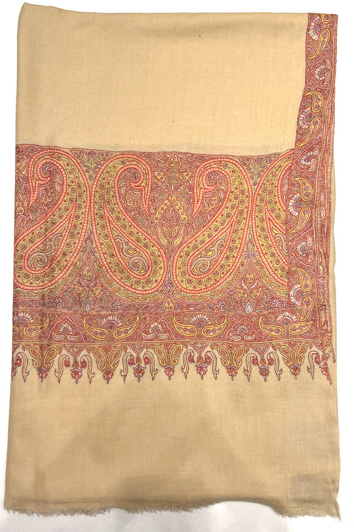 Beige shawl with intricate paisley patterns on a white background