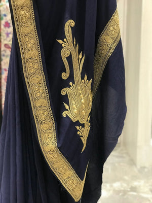 Pure Crepe Hand Tilla Embroidered Kashmiri Saree