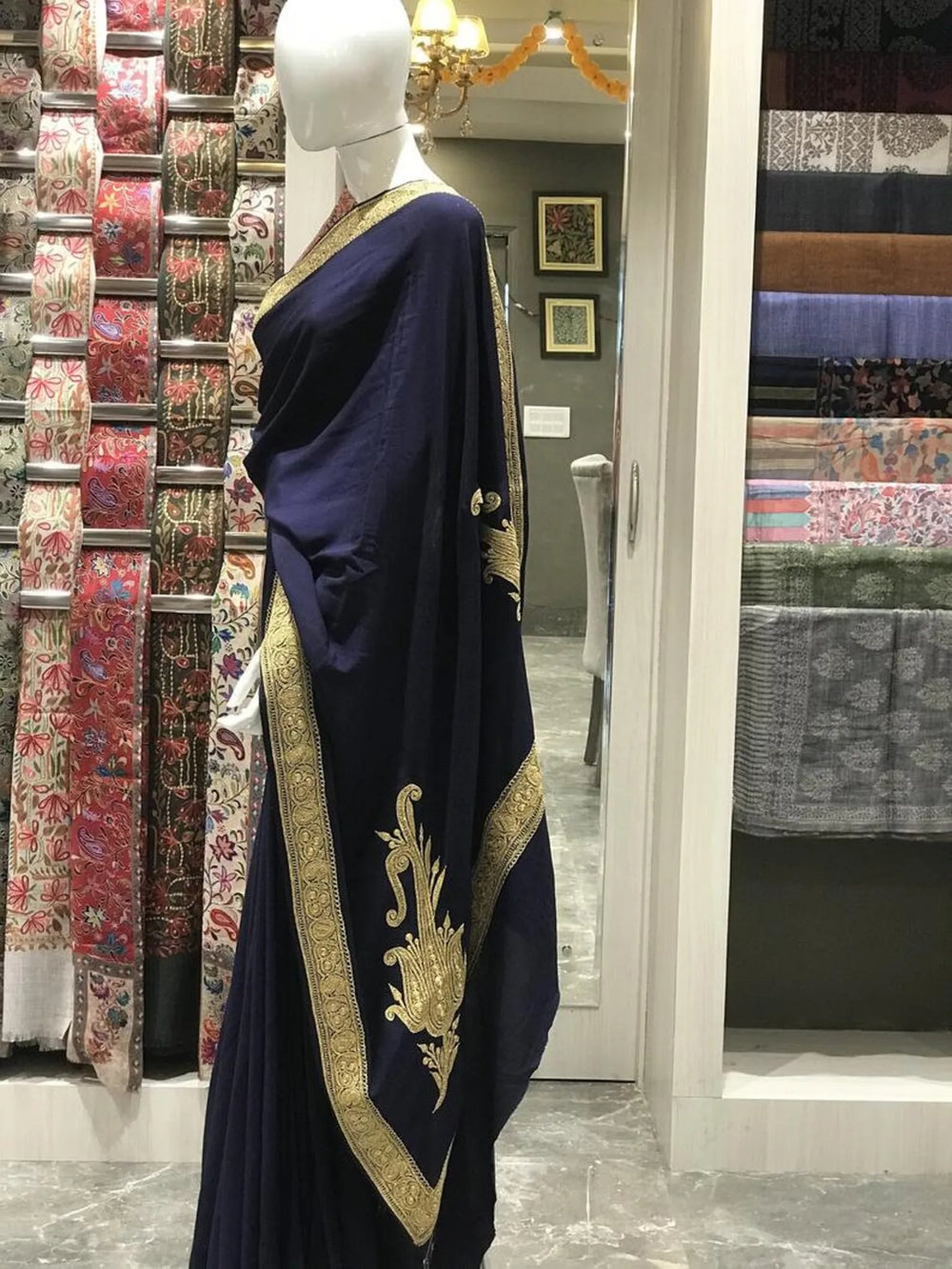 Pure Crepe Hand Tilla Embroidered Kashmiri Saree