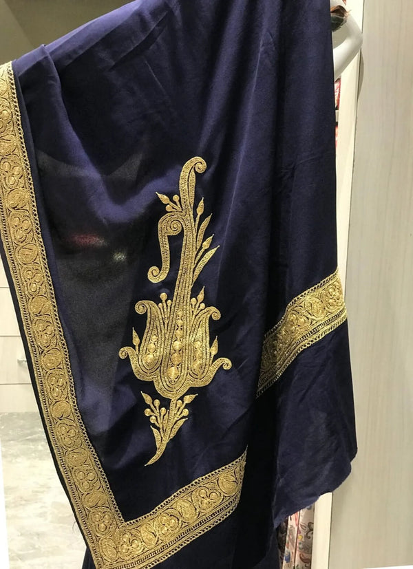 Pure Crepe Hand Tilla Embroidered Kashmiri Saree