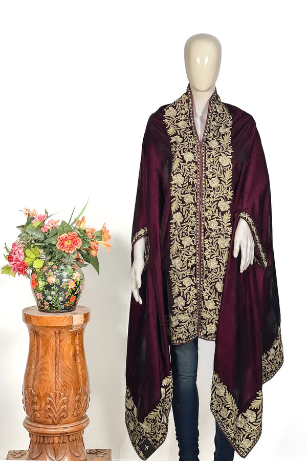 Wine Velvet Cape Shawl with Tilla Embroidery: Floral Bel