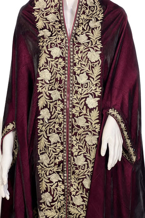 Wine Velvet Cape Shawl with Tilla Embroidery: Floral Bel