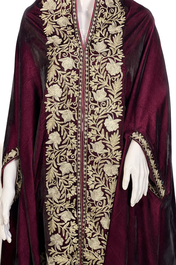 Wine Velvet Cape Shawl with Tilla Embroidery: Floral Bel