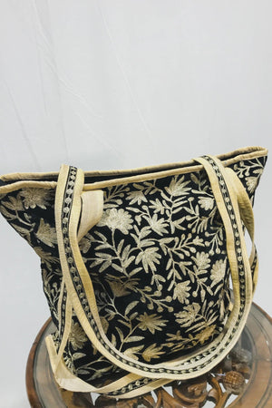 Black Velvet Zari Embroidered Tote Bag close up
