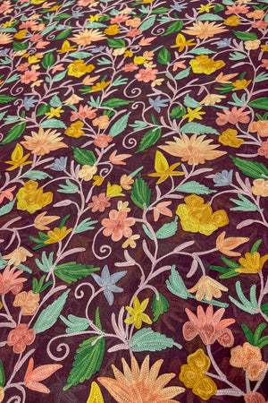 Floral patterned fabric with colorful flowers and leaves on a dark background